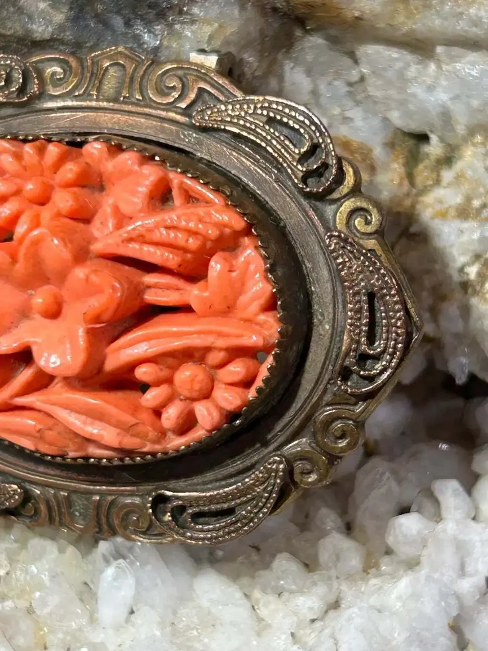 Vintage carved red coral ornate floral brass bronze brooch